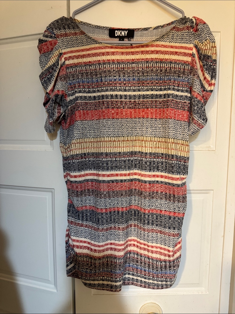 DKNY Striped Short Sleeve Tunic in Coral, Navy & Cream